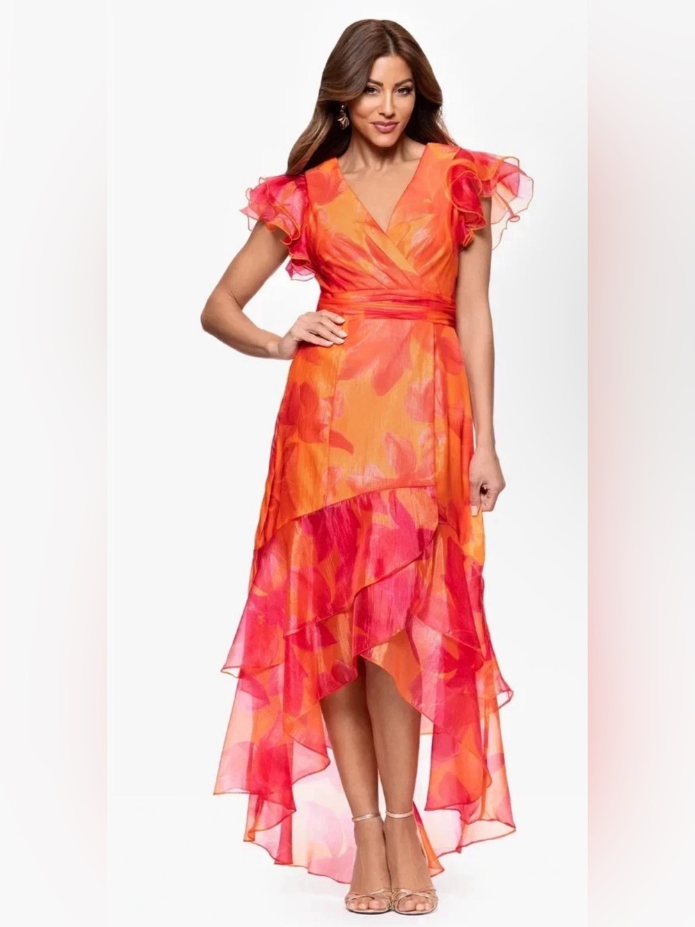 Xscape Evenings Orange Metallic Floral High Low Gown $258 Size: 14 Petite.  NWT.